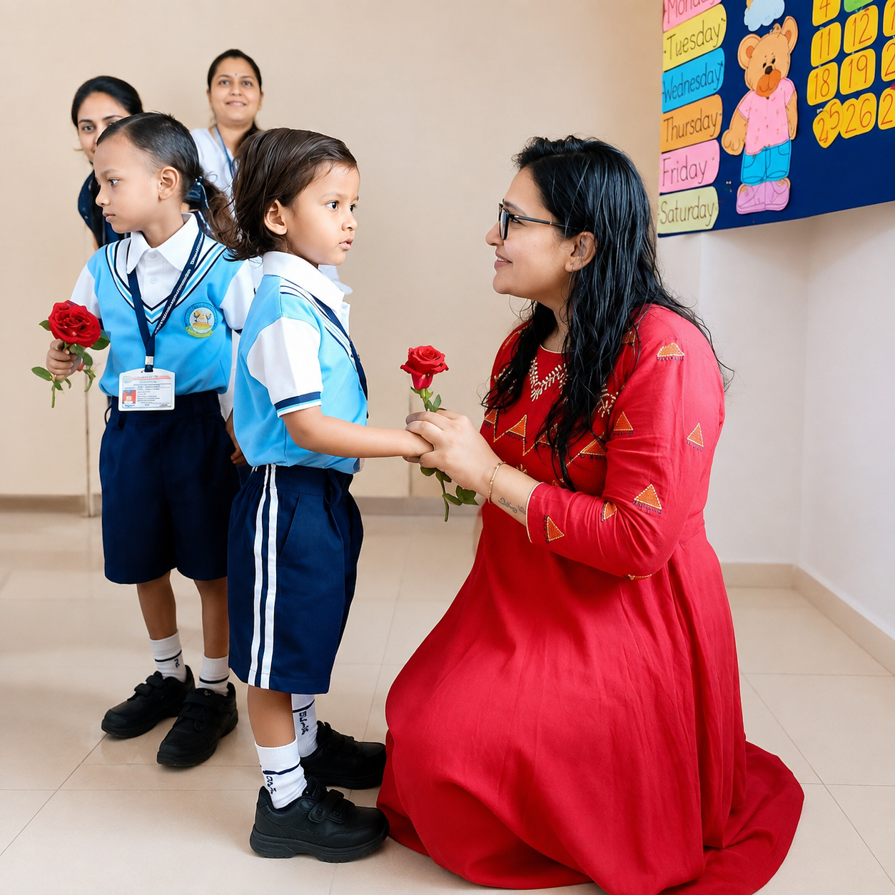 A student handing a rose to his teacher on Rose Day