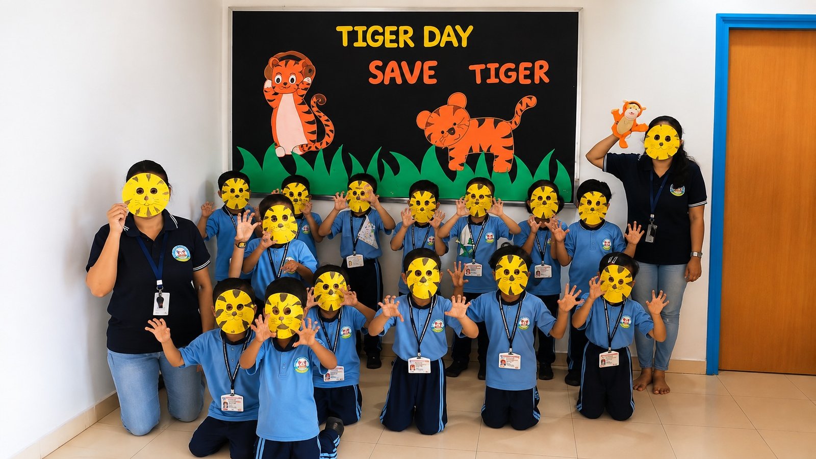 Children wearing tiger masks for a Save the Tiger Day activity
