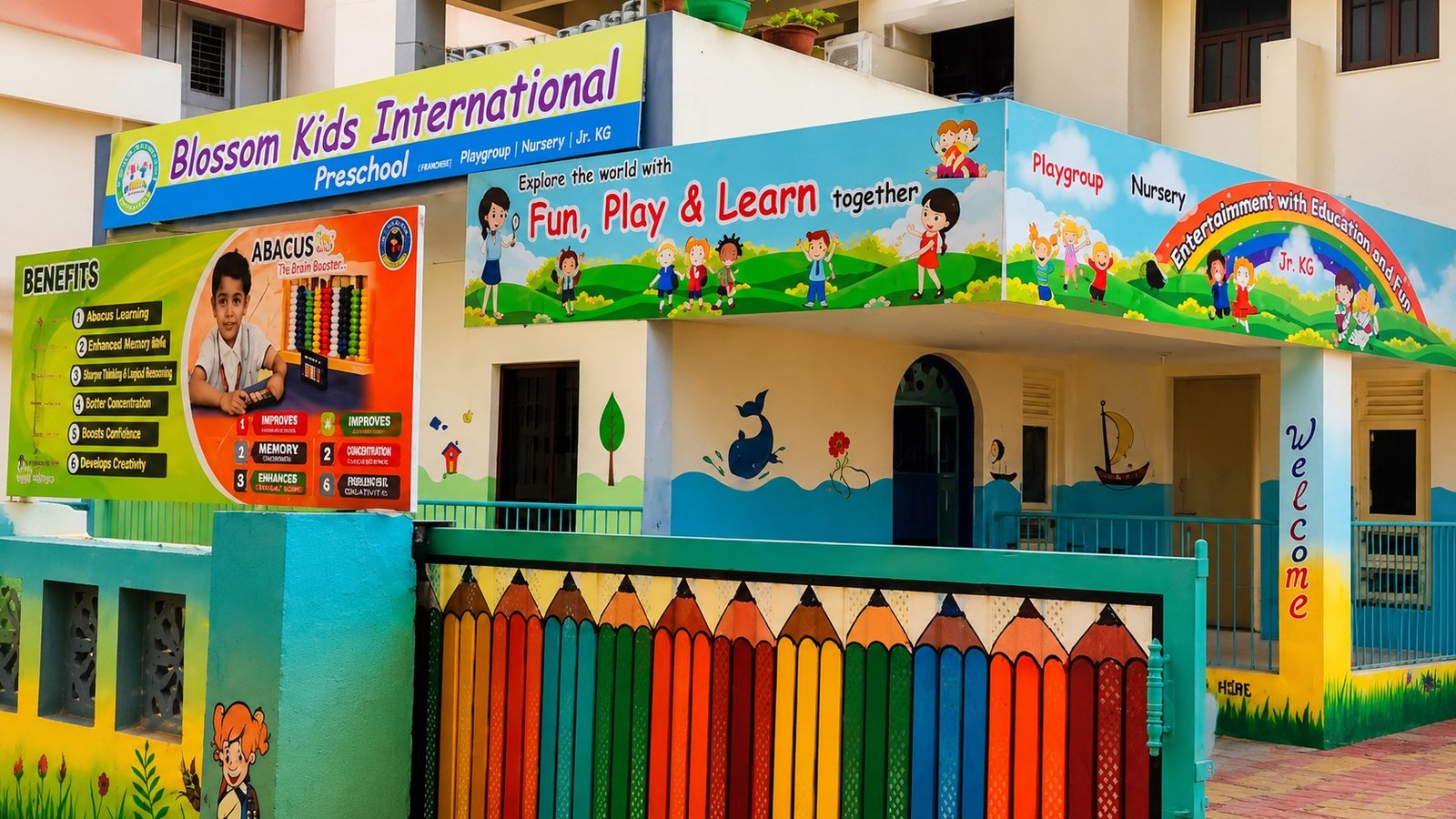Colorful entrance gate at the Blossom Kids International Preschool building
