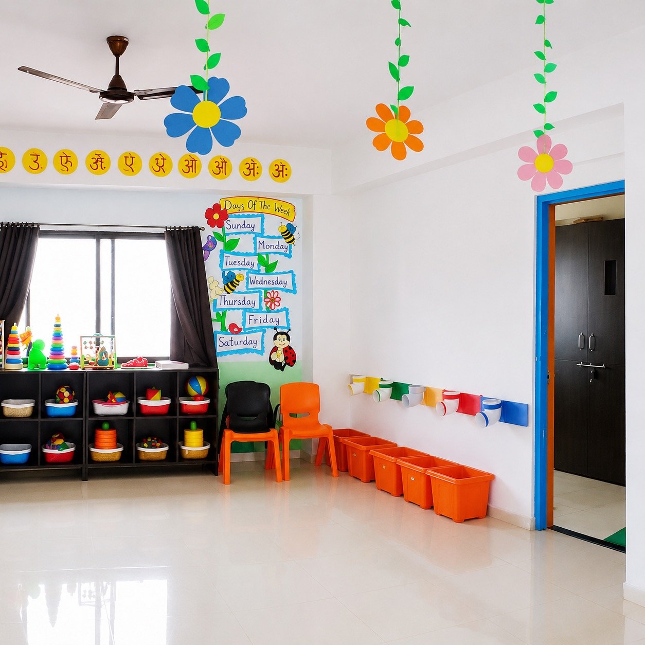Bright classroom corridor with seasonal decorations