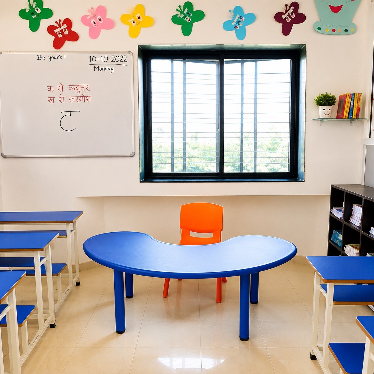 Classroom with student desks and a whiteboard