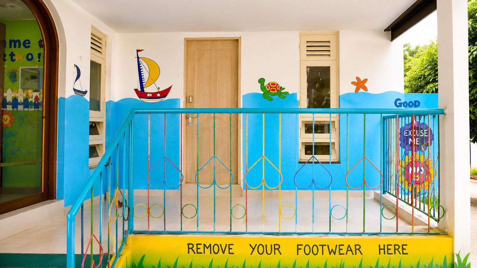 Classroom entrance with an ocean-themed mural