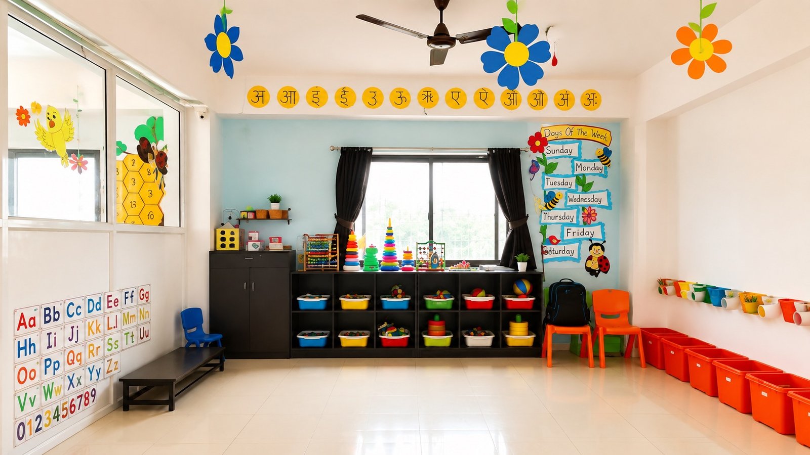 Classroom decorated with a Hindi alphabet wall display