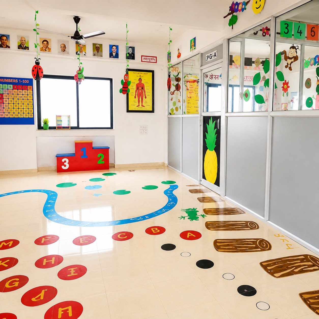 Classroom learning corner with alphabet floor mats