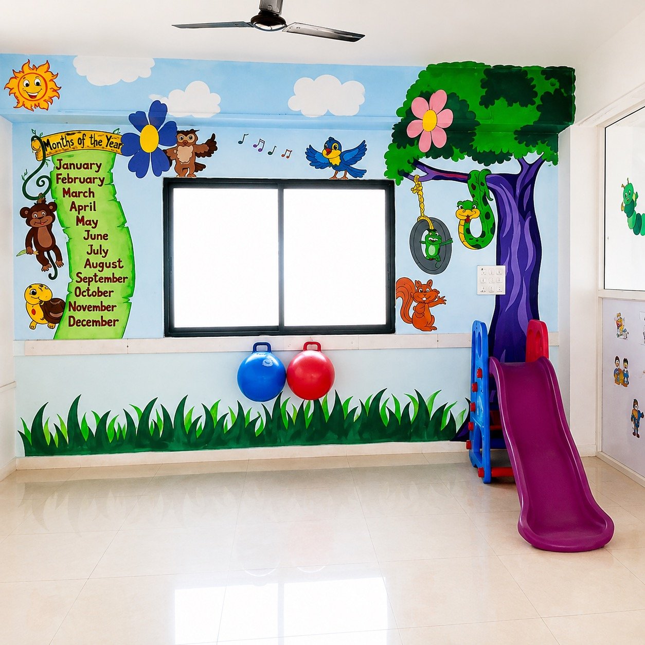 Classroom with a hand-painted nature mural and indoor slide