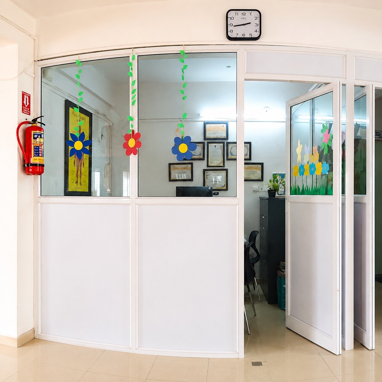 School corridor leading to the office, decorated with craft flowers