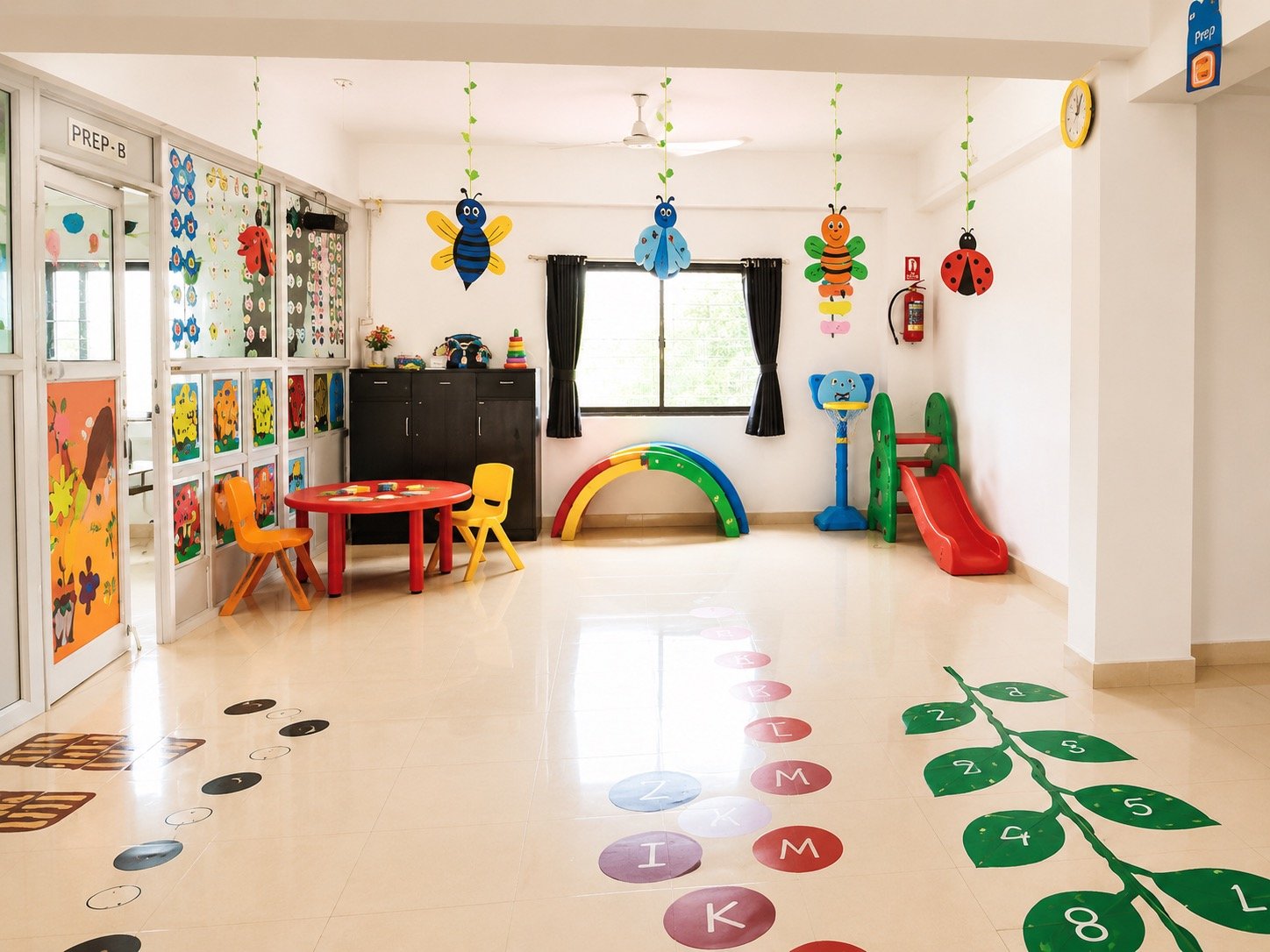 Classroom play corner with toy shelves and soft seating