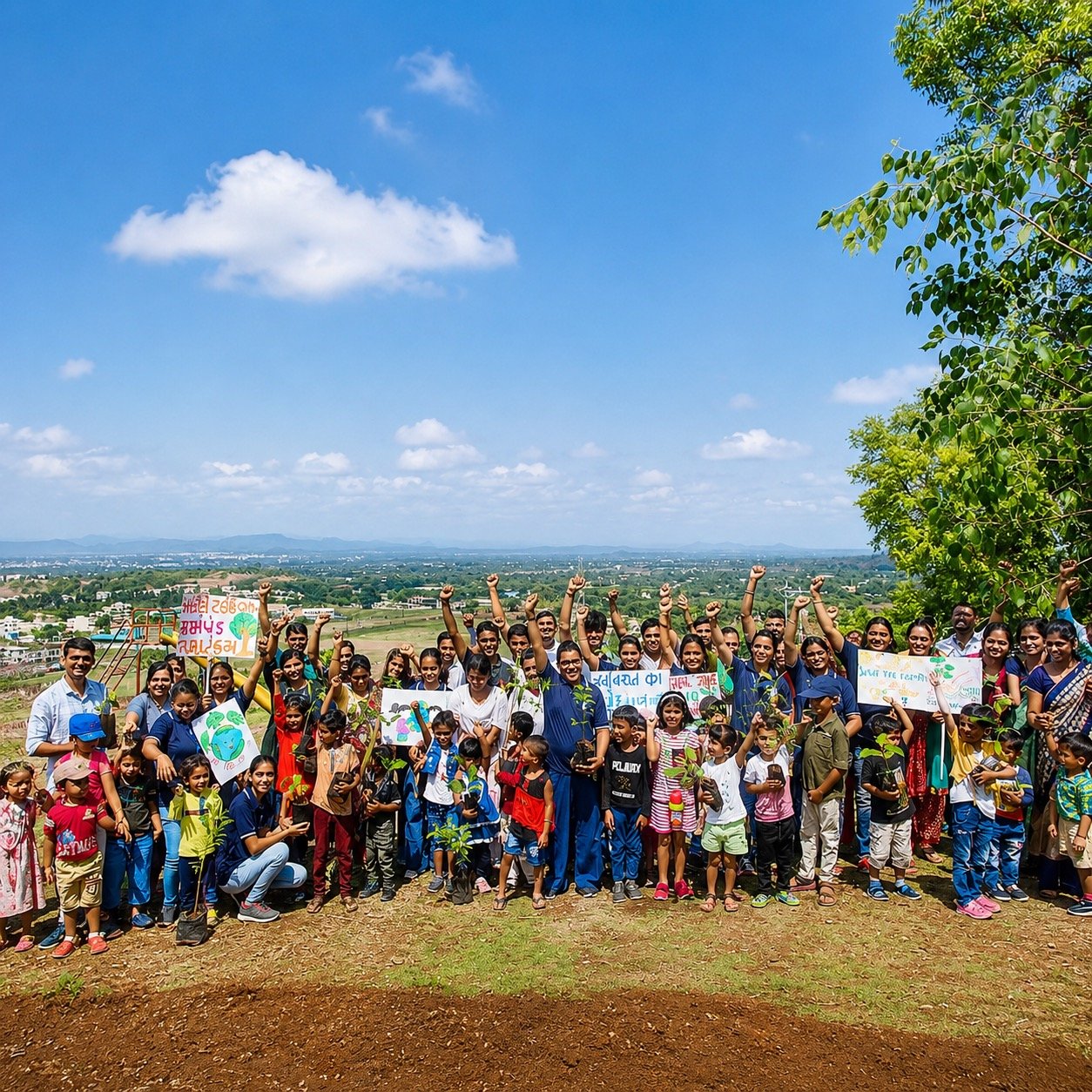 Children and staff at an outdoor tree plantation drive