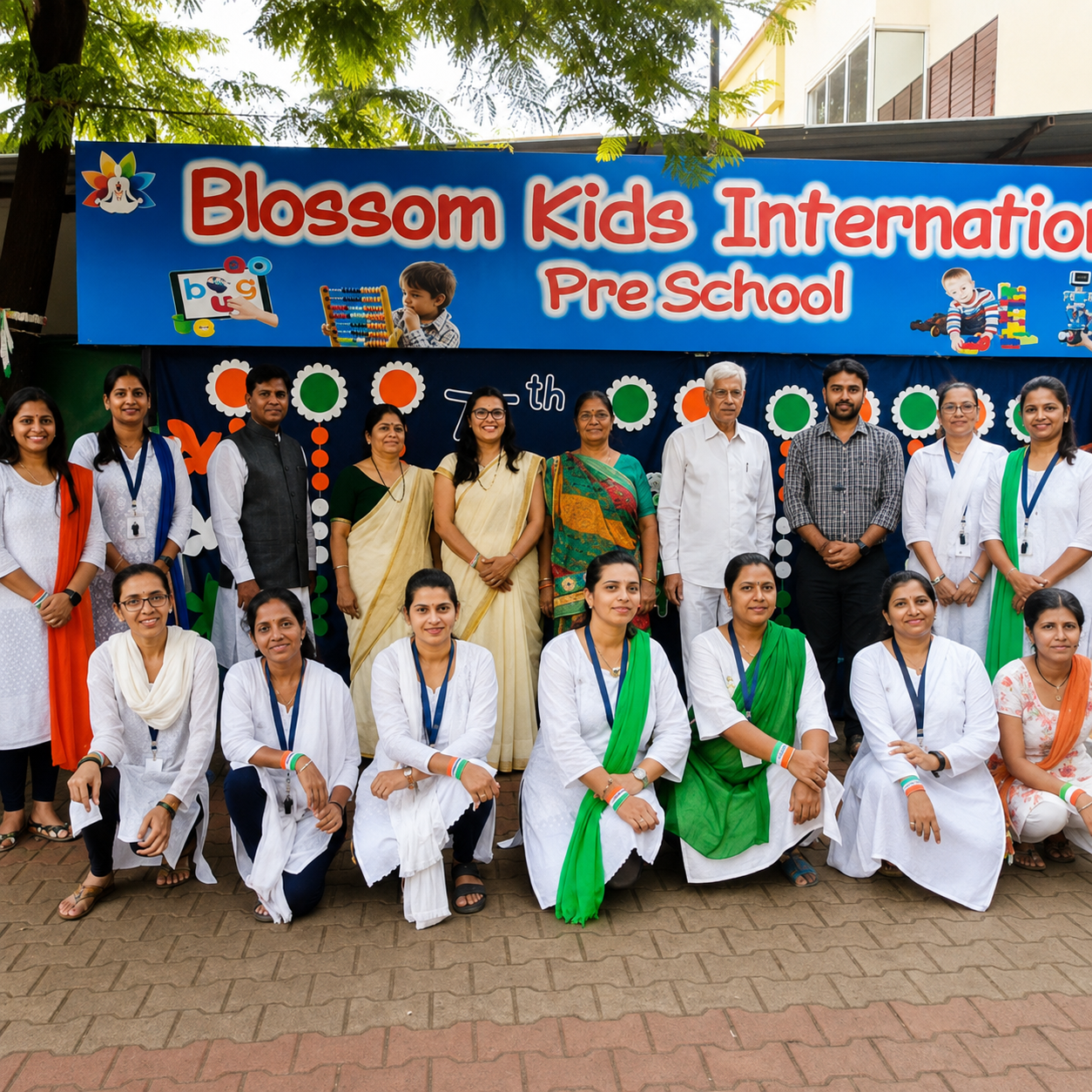 Staff celebrating Independence Day outside the school